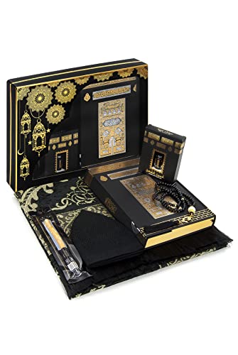 ihvan online Prayer Gift Box for Hajj and Umrah, Muslim Prayer Rug, Islamic Mat, Beads Tesbih, Holy Quran, Miswak, Muslim Kufi Hat, Islamic Deluxe Set for Ramadan & Eid Gift, Black/Set 2