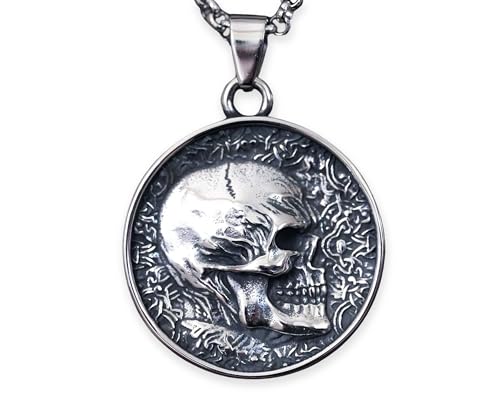 Baldur Jewelry Double Sided Memento Mori Skull Necklace - Stainless Steel Skull Pendant For Men and Women - Live in The Moment - Comes With 22 Inch Durable Chain