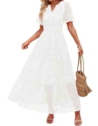ZESICA Women's 2025 Summer Short Sleeve Maxi Dress Casual V Neck Hollow Out Eyelet Ruffle Swing A Line Long Dresses,White,Large