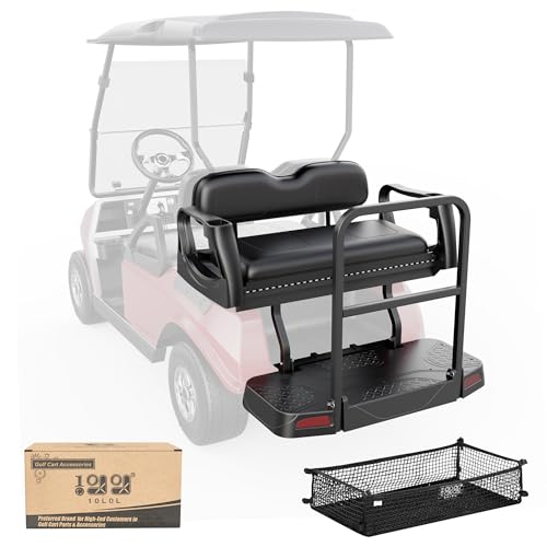 10L0L Golf Cart Rear Flip Seat Kit with Grab Bar Fit Club Car DS Gas & Electric Golf Carts, All-plastic Bench Body with Alloy Grab Bar, Flip Folding Back Conversion Seat Cushions