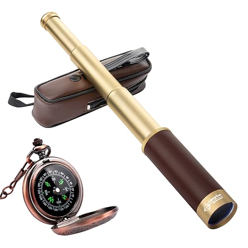 Laupha Retro Pirate Telescope 25x30 Spyglass Portable Collapsible Handheld Telescope Zoom Vintage Monocular Classical Collection Compass for Camping Hunting Boating Gift