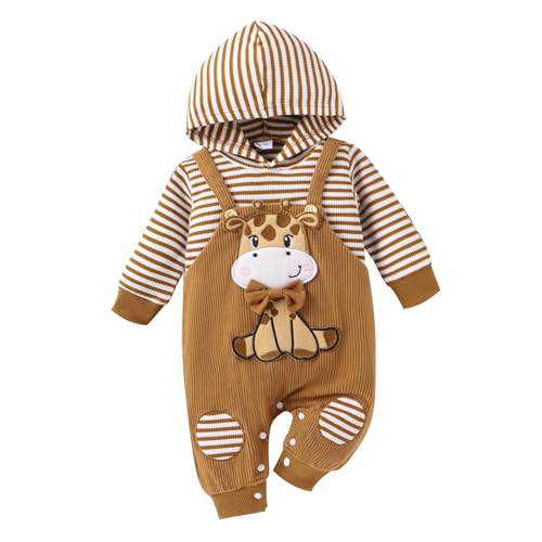 TOKIAGO 6-9 Month Boy Clothes Baby Hoodie Romper Fall Winter Long Sleeve Striped One-Piece Outfit Infant Cute Cartoon Clothing Set Deer Yellow 6-9 Months