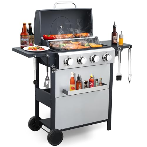 GRILL DEPOTS 4-Burner Propane Gas Grill, Stainless Steel Control Panel, Easy Ignition, Temperature Gauge, 2-Enameled Cooking Grids, Portable With Wheels For 34,200 BTU Outdoor Barbecue BBQ Grill