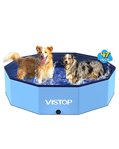 VISTOP Large Foldable Dog Pool, Hard Plastic Shell Portable Swimming Pool for Dogs Cats and Kids Pet Puppy Bathing Tub Collapsible Kiddie Pool (47inch.D x 11.8inch.H, Blue)