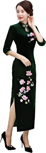 Shanghai Story Lily Floral Embroidery Velvet Long Cheongsam Qipao Dress 8 Green