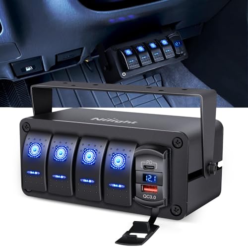 Nilight 4 Gang Rocker Switch Box 12V SPST ON Off PD Type C and QC 3.0 USB Charger Voltmeter Waterproof Aluminum Panel DIY Stickers for Boats Cars RVs Trucks