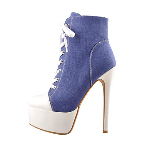Richealnana Women's Round Toe Stiletto Platform High Heels Lace Up Casual Canvas Sneaker Boots Blue Size 13