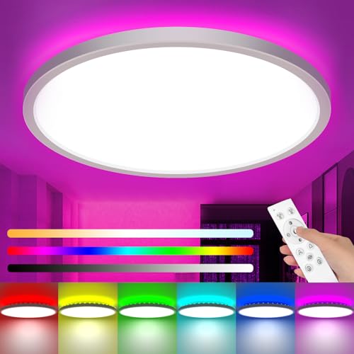 zemty 12Inch RGB Ceiling Light with Remote, 24W 2400LM 3000K-6500K Color Changeable, Dimmable LED Light Fixture Flush Mount, Round Surface Ceiling Lamp for Kids Gaming Room Bathroom