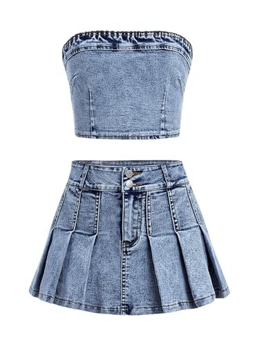 WDIRARA Girl's Y2K 2 Piece Outfits Bandeau Tube Tops Jeans Denim Sets A Line Pleated Mini Skirt Set Medium Wash 11Y