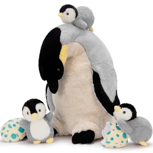 MorisMos Stuffed Penguin Plush Toy Set 17.7" Soft Penguin Stuffed Animal with 3 Cute Babies 1 Egg Cuddly Gift for Kids Birthday