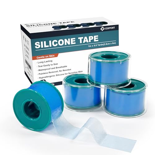 Ceeport Soft Silicone Tape for Skin, 1" x 5.46 Yards, 4 Rolls Medical Adhesive Silicone Skin Tape, Easy to Tear Pre-Cut Waterproof Surgical Tape for First Aid, Wound, Bandage and Sensitive Skin