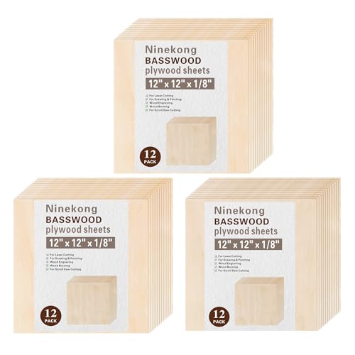36 Pack Basswood Sheets 1/8 inch,12"x12"x1/8" Plywood Sheets,3mm Basswood for Laser Cutting,Laser Engraving Blanks,Thin Natural Unfinished Wood for Crafts,Wood Burning,Scroll Saw Cutting