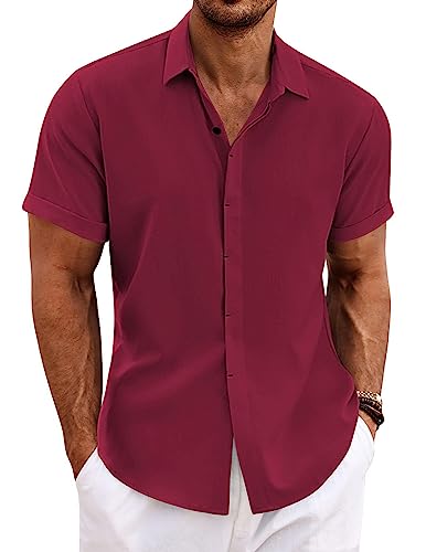 COOFANDY Men's Linen Moisture Wicking Business Casual Shirts Button Up Red Stripe Shirt