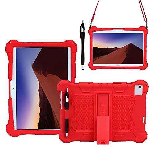 LVSHANG Tablet Case for Huawei MediaPad M5 Lite 10.1 inch,Soft and Light Silicone Shockproof Drop Protective Cover with Kickstand& Shoulder Strap Tablet Case Cover (Color : Red)