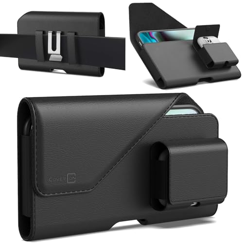 CoverON Holster with AirPods Holder Slot for Apple iPhone 16 Pro max 16+ Plus/15+ 15 Pro Max/ 14+ 14 13 12 11 Plus Pro Max, Cell Phone Case Belt Clip Leather Pouch (Fits Otterbox or Any Case on)