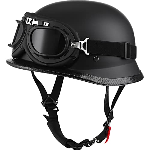 Yesmotor Helmet Half Shell German Motorcycle Helmet with Cycling Glasses - DOT Approved (Large, Matte Black & Black)