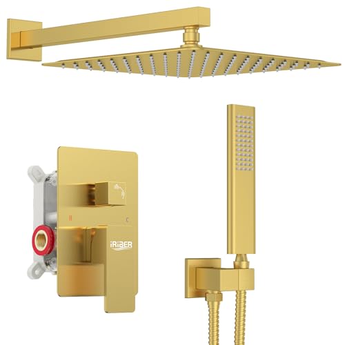 Iriber Brushed Gold Rain Shower System with 12 Inch Shower Head and Handheld shower Bathroom Wall Mounted Golden Shower Set Contain Shower Faucet Mixer Valve and Trim Kit (Valve Cartridge Included)