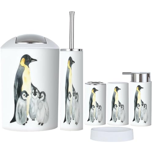 XNGJEMVWXO Bathroom Accessory Set 6 Piece Penguins Children White Antarctic Toothbrush Holder, Toothbrush Cup, Soap Dispenser, Soap Dish, Toilet Brush Holder, Trash can, tzhw3Ovlft7rv-6j