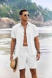 COOFANDY Men's Vacation Outfit Summer Short Sets for Men Beach Outfit, White, Large