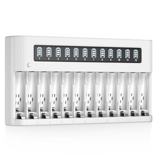 EBL AA AAA Battery Charger 12-Bay Independent LCD Charger for Ni-MH Ni-CD Rechargeable Batteries with Discharge Function