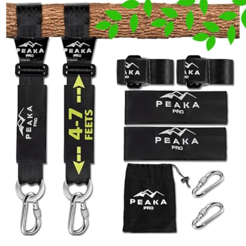 Peaka Pro Tree Swing Hanging Straps (Set of 2) – Adjustable 4FT to 7FT Extra-Long Hammock Straps Heavy-Duty Holds 4000+ LBS | Waterproof, Safety Lock Carabiners & Finger Pinch-Safe Cover