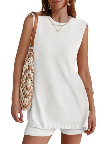 NENONA Vacation Outfits for Women 2025 Going Out Matching Sets Two Piece Knit Sets Travel Outfits,White,L
