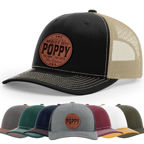 Poppy Grandpa Gifts, Worlds Best Poppy, Poppy Gifts from Granddaughter Grandson Grandkid Hat, 112 Style Trucker Leather Patch Hat for Men And Women Breathable Hat, Snapback Adjustable Hat