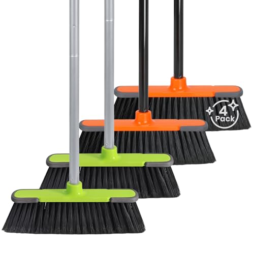 4 PK Soft Bristle Push Brooms for Sweeping Indoor/Outdoor Heavy Duty Commercial Broom for Shop Restaurant House Broom for Garage Kitchen Hardwood Tile Floor Cleaning