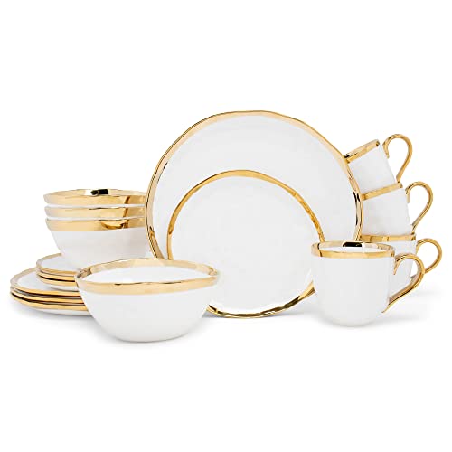 Elanze Designs 16-Piece Metallic Bubble Porcelain Ceramic Plates Bowls Mugs Dinnerware Set - Service for 4, White With Gold Accents