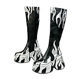 HiColor women’s side zipper high heeled silver Flames printing thick sole boots high boots round toe boots(BLACK US9)