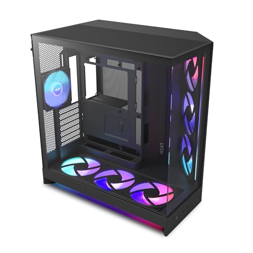 NZXT H9 Flow RGB+ (2025) – Large Dual-Chamber ATX Mid-Tower Airflow PC Case – Includes 7 RGB Fans (6 x 140mm, 1 x 120mm) & Control Hub – 420mm Radiator Support – Back-Connect Ready – Black