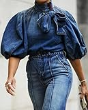 Tbahhir Women's Denim Blouse Blue Bow Tie Jean Shirt Puff Sleeves Mock Neck Cropped Top Casual