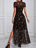 GothDark Women's Mesh Dress Short Sleeve Round Collar Floral Print Waist-Cinched Maxi Fall Casual Dress