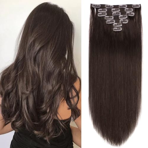 20" Clip in Human Hair Extensions Full Head 180g 7 Pieces 16 Clips 2# Dark Brown Double Weft Brazilian Real Remy Hair Extensions Thick Straight Silky (20" 180g, Dark Brown)