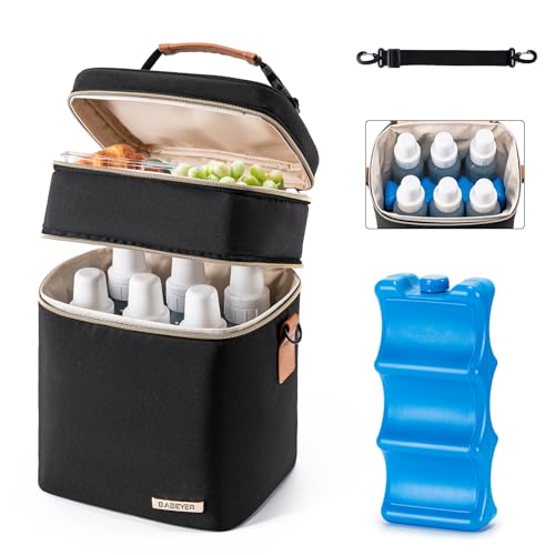 BABEYER Breastmilk Cooler Bag with Ice Pack Fits 6 Baby Bottles Up to 9 Ounce, Double Deck Leak-Proof Baby Bottles Bag with Shoulder Strap for Nursing & Working Mom, Black