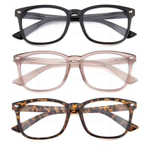 Caeyer 3 Pack Bifocal Reading Glasses For Women Men PC Rectangle Frame Anti Blue-ray Multifocal Readers with Spring Hinge(2.25x)