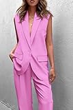 PRETTYGARDEN Women's 2 Piece Pant Suit Dressy Button Up Vest Blazer and Long Pants Set Business Casual Outfits (Pink,Medium)