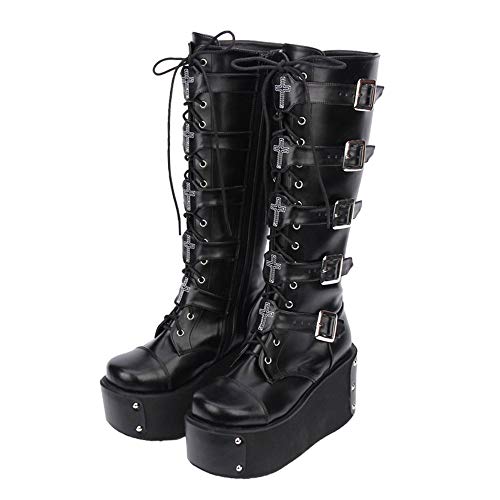 Lorie & Knight Japanese Harajuku Women Black Leather Buckle Straps Lace Up Gothic Punk Cosplay Platform High Boots (Black-3, numeric_9)