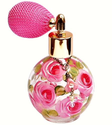 Goddess Arts Collection Romantic Refillable Glass Perfume Bottle Atomizer with Hand Painted Pink Roses and Lustrous Crystal Pearls