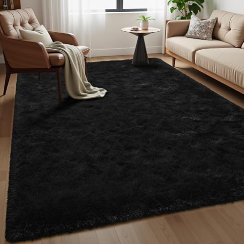 Macgace Fluffy Area Rugs for Bedroom Decor Aesthetic, 4x6 Black Shag Rug with Non-Slip Dots for Living Room, Furry Plush Mat Washable Fuzzy Carpet Modern Home Decor for Kids Nursery Boys Room