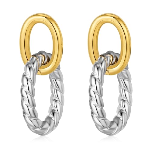 Catuni Mixed Metal Dangle Earrings Two Tone Chunky Gold and Silver Cabel Earrings Paperclip Chain Link Hoop for Women Non Tarnish Stainless Steel