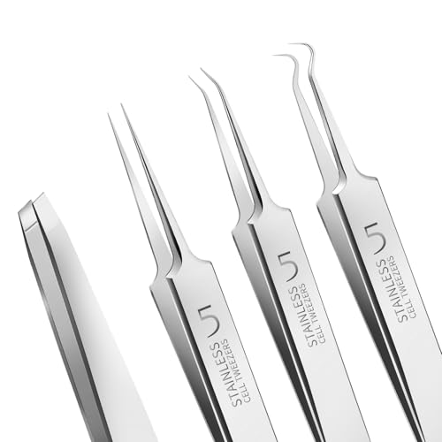 Teenitor 4 Pcs Professional Blackhead Tweezers and Pimple Popper Tool Kit, Stainless Steel Cell Tweezers for Blackhead, Pimple, Whitehead, Ance