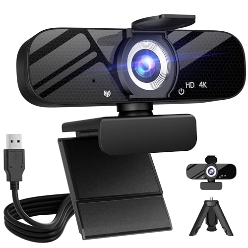 Full HD Webcam with Built-in Microphone and Rotatable Tripod, 4K Video and Wide Angle Camera, Privacy Cover, for Desktop PC or Laptop Computer