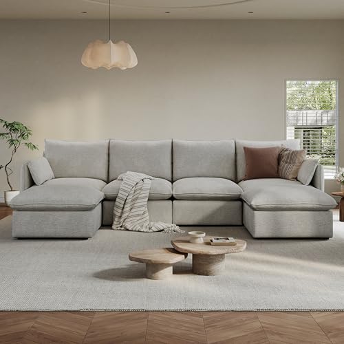 Cloud Sectional Couches for Living Room, Convertible Cloud Sofa Spill & Stain-Resistant with Removable Washable Cover & Down Feather Filled Cushions, 4 Seater Modular Sectional Sofa with Ottoman