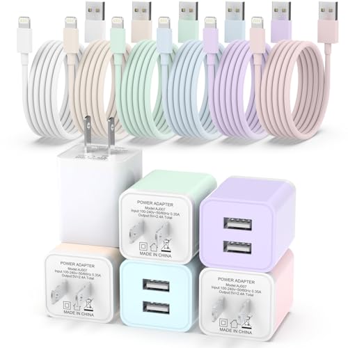 iGENJUN 6Pack iPhone Charger Fast Charging [MFi Certified], Dual Port USB Wall Charger Block Adapter with 6FT Lightning Cable Data Sync Cords for iPhone 14 13 12 11 Pro Max XR XS Plus-Multicolor