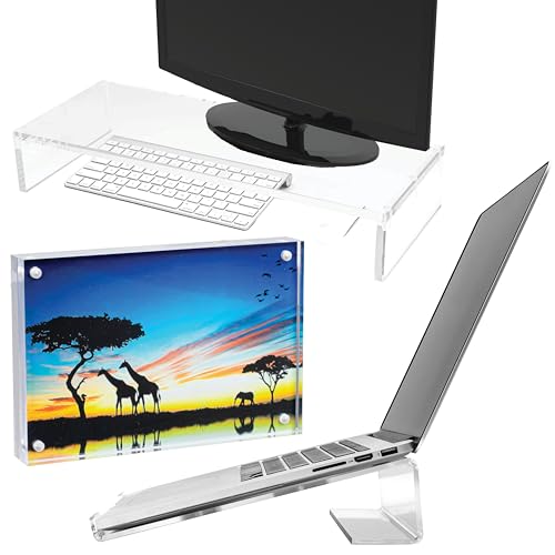 Mammoth DuraClear Acrylic Workspace Essentials Bundle: Ergonomic Laptop & Monitor Risers with 4x6 Picture Frame - Streamline and Personalize Your Desk