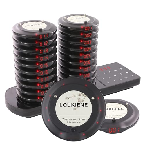 LOUKIENE Restaurant Pager System, 20 Wireless Coaster Beeper Guest Customer Queue Pagers for Food Truck Church Nursery Clinic Coffee Shop Restaurants Bar with Vibration Flash Buzzer