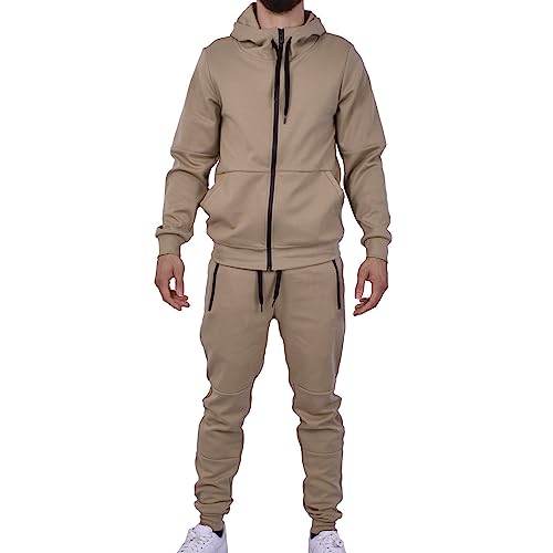 RIFLESSI Men's Athletic Sports Casual 2 Piece Solid Color Tracksuit Hoodie Jogger Pants Sweatsuit Set (Khaki, S)