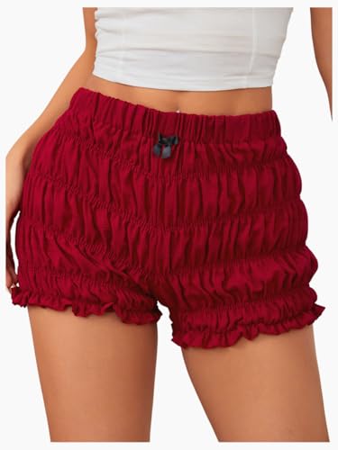 SOLY HUX Women's Ruffle Shorts Y2k Lace Lolita Bloomers Elastic Waist Frill Bottoms Micro Boyshorts Plain Red Large