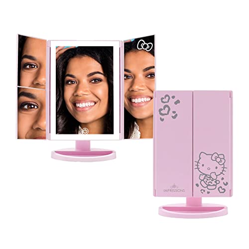 Impressions Vanity Hello Kitty Mirror with Lights, Trifold LED Tri Tone Makeup Mirror with Touch Sensor and Three Adjustable Mirror Panels, Handheld Magnifying Makeup Mirror (Pink)